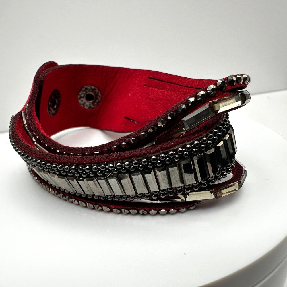 Vintage 90s Red Suede Cuff Bracelet Rhinestone Gunmetal Tone Women's Jewelry